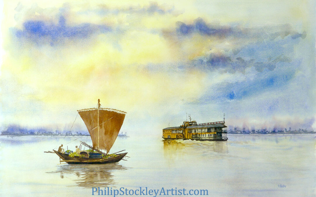 The Rocket paddle steamer and the cargo sailing boat, Bangladesh