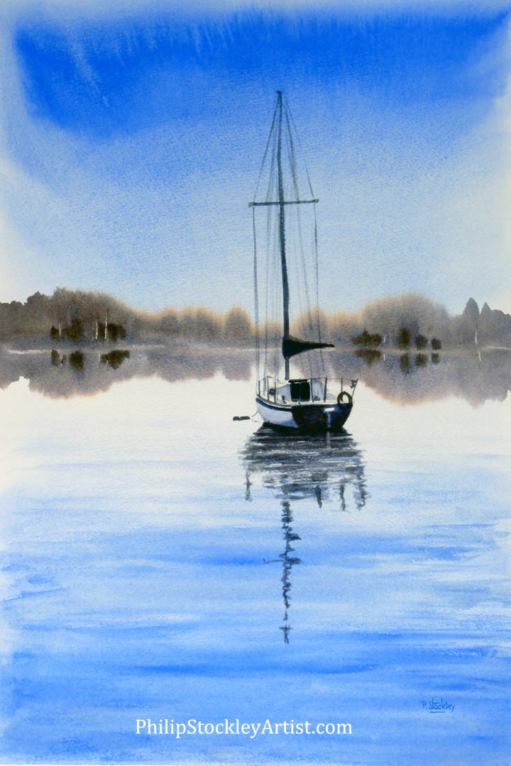 Blue sailing boat morning